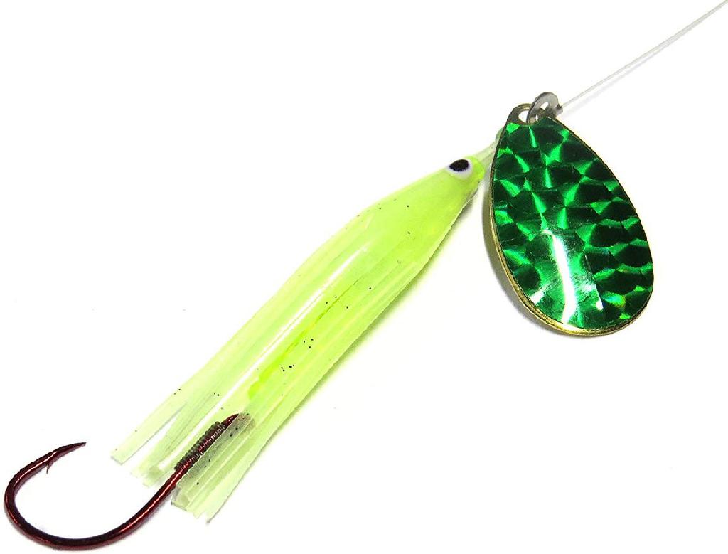 WICKED LURE SPINNER GLOW/GREEN #5 BLADE-6ft LEADER W/1/0 RED GAMA HOOK